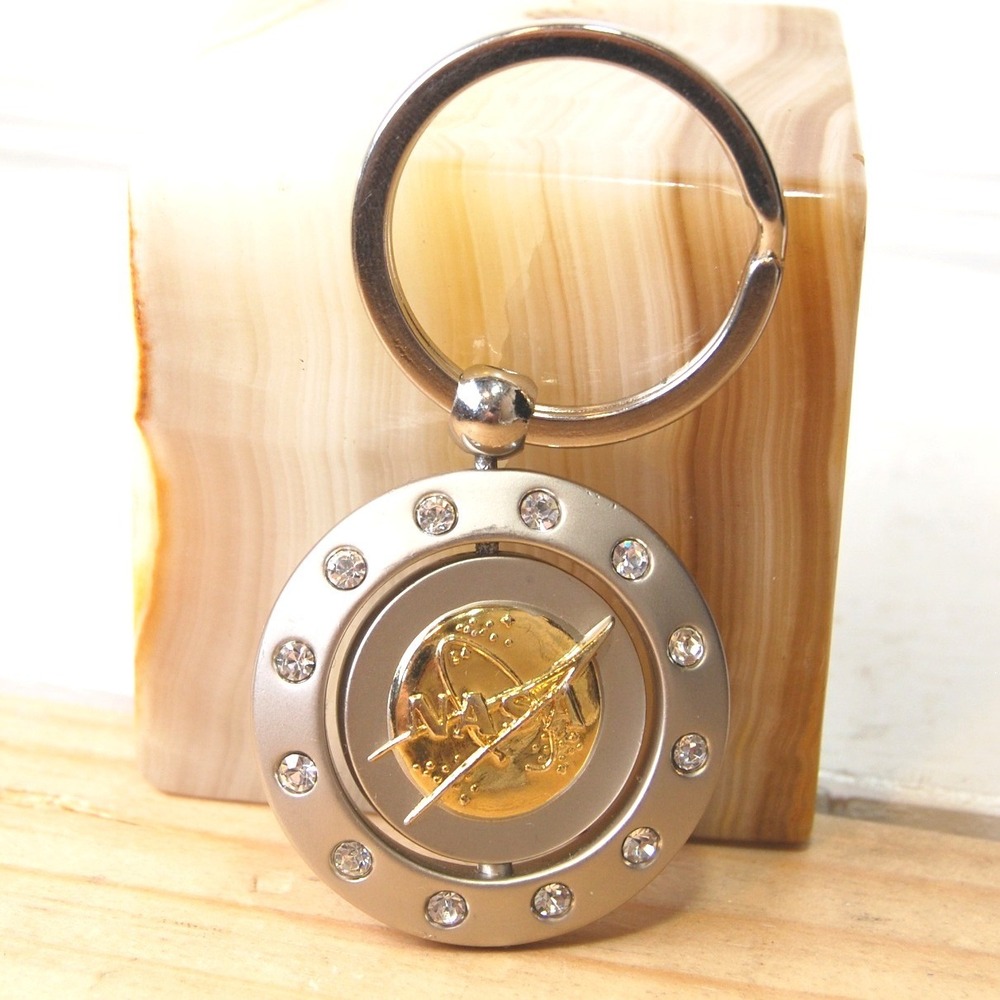 NASA Keychain Silver & Gold tone Rhinestone Border Spinning Keyring Bag Charm